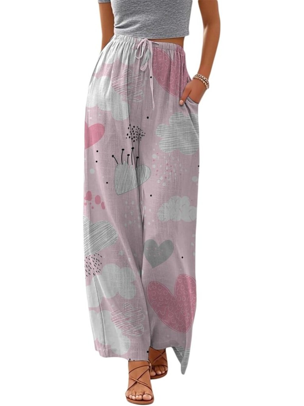〽️Women's Wide Leg Pant Heart Polyester Drawstring Summer Beach Hawaiian Trouser